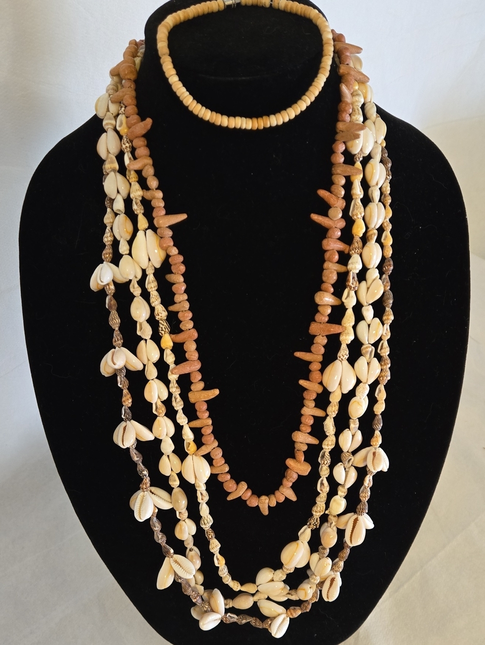 Three Natural Shell Bead Necklaces & One Wood Bead Necklace & Wood Bead Anklet